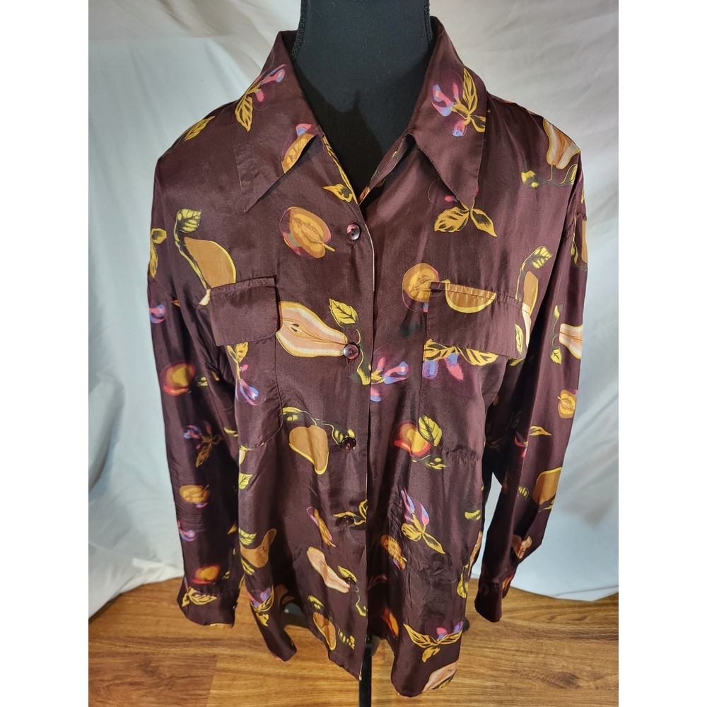 Cezar‎ Size M 100% Silk Burgandy Fruit Pattern Blouse
